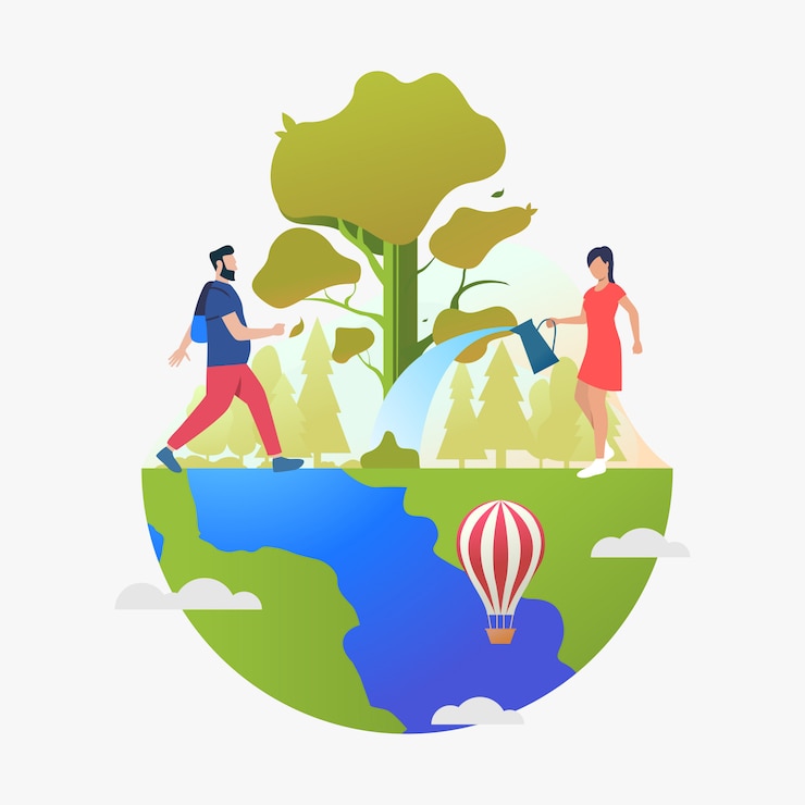 Vector Gratis man hiking and woman watering tree on earth globe