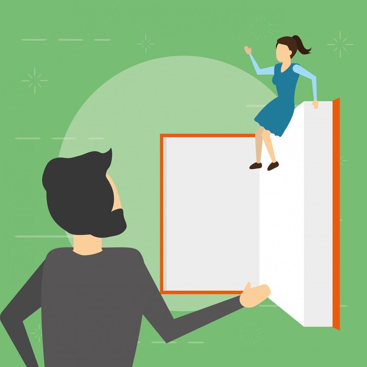 Vector Gratis man looking woman sitting on book, flat style