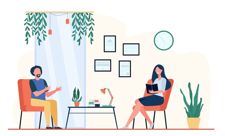Vector Gratis man talking to therapist in her office. patient sitting in armchair and speaking while positive doctor taking notes. vector illustration for psychological counseling, psychotherapy concept