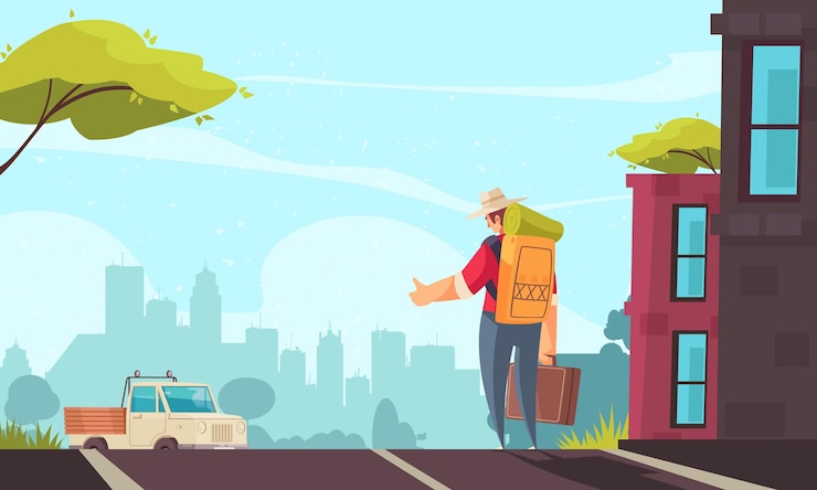 Vector Gratis man with backpack and suitcase hitchhiking and truck driving along road cartoon