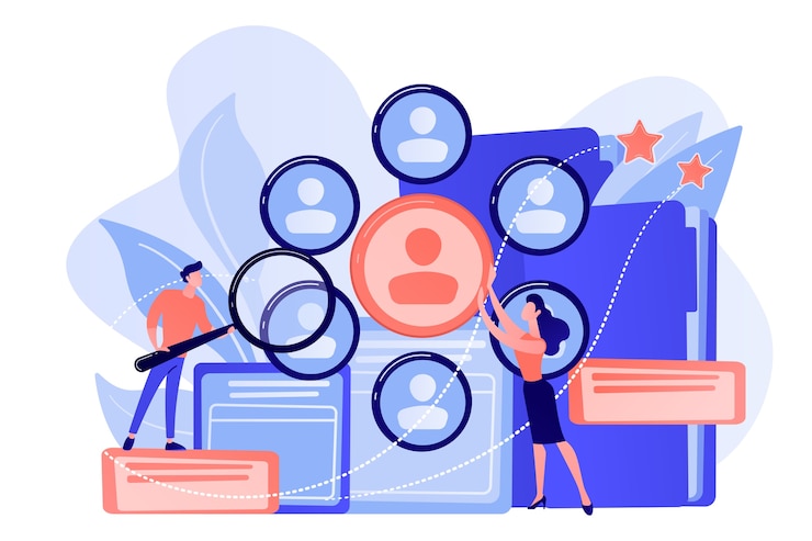 Vector Gratis manajer sumber daya manusia melakukan riset staf profesional dengan kaca pembesar. ilustrasi konsep sumber daya manusia, kerja tim sdm dan layanan headhunter