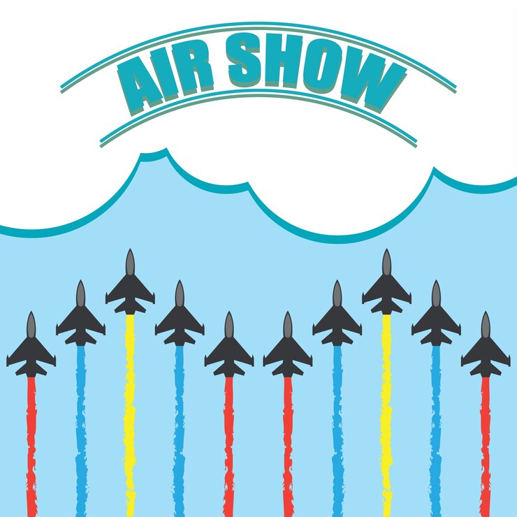 Vector Gratis maneuvers of an fighter planes in the blue sky for air show banner. vector illustration