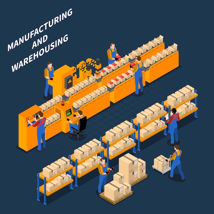 Vector Gratis manufacturing process isometric illustration