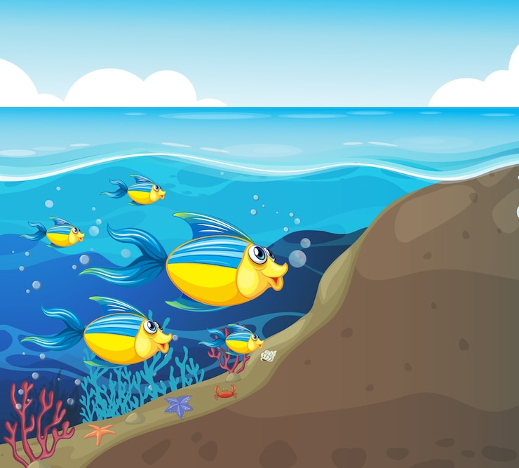 Vector Gratis many exotic fishes cartoon character in the underwater illustration