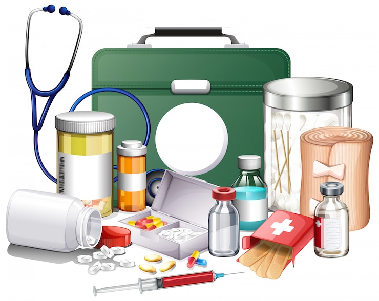 Vector Gratis many medical equipments and medicine on white background