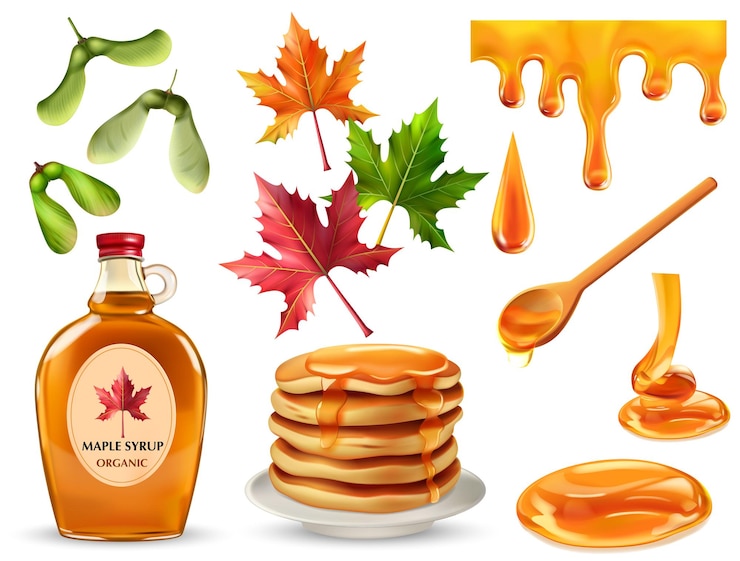 Vector Gratis maple syrup set with isolated realistic pancakes drops spoon colorful leaves seeds branded bottle vector illustration