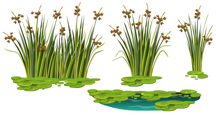 Vector Gratis marsh reed grass set of swamp cattails water lily in water