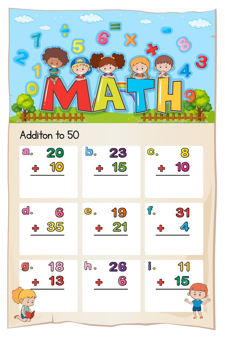 Vector Gratis math worksheet template for addition to fifty