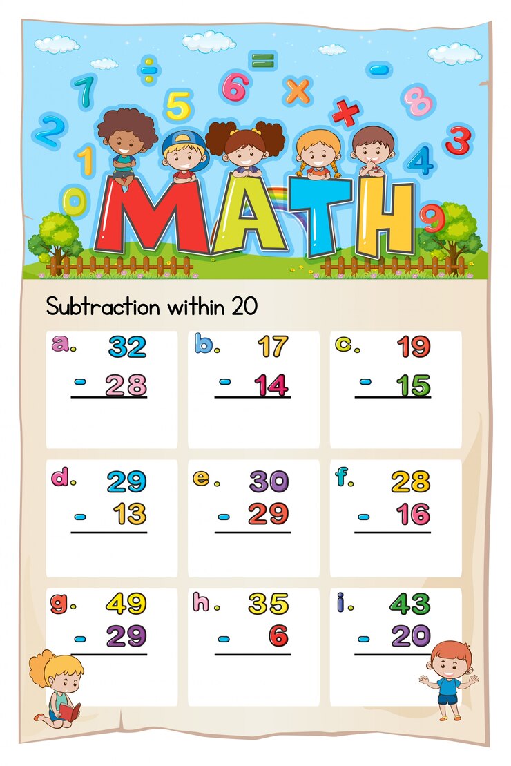 Vector Gratis math worksheet template for subtraction within twenty
