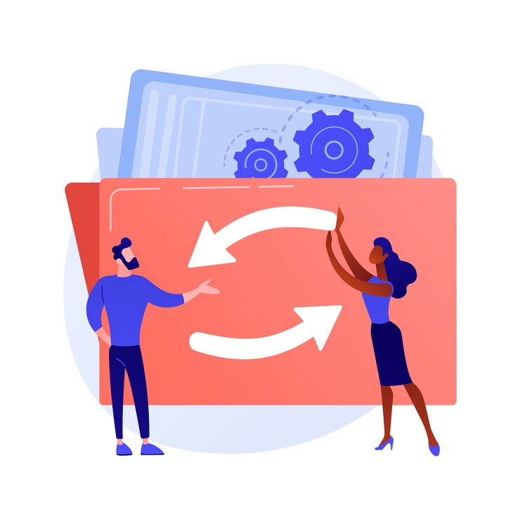 Vector Gratis mechanism of teamwork. cartoon characters spinning gears together. co-working, collaboration, partnership. team building and cooperation technology concept illustration
