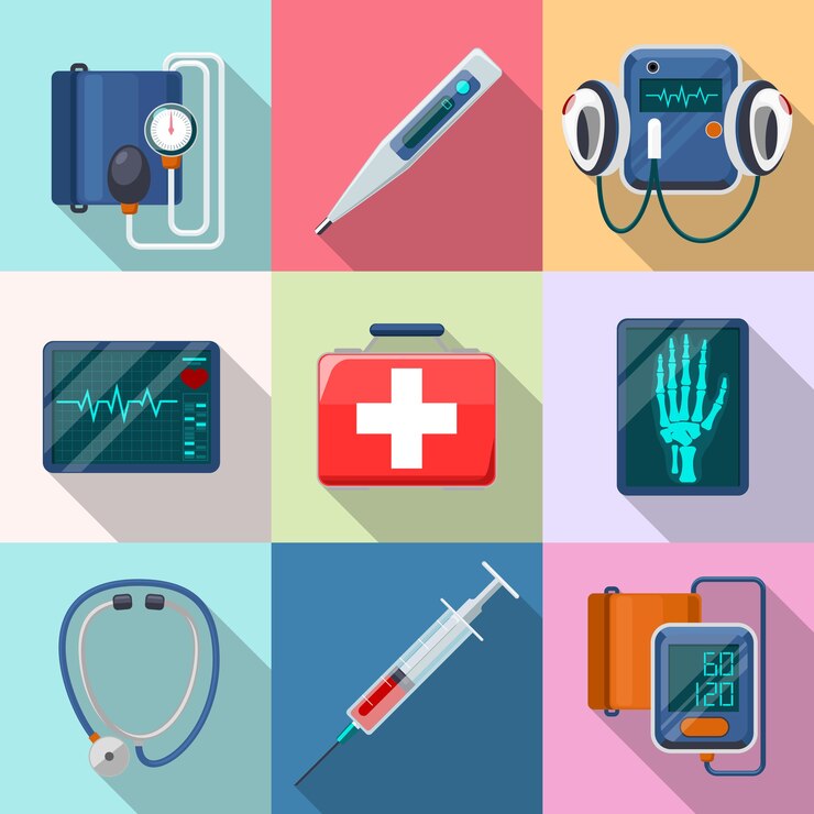 Vector Gratis medical devices set. tonometer and phonendoscope, defibrillator and x-ray.  care and tool, healthcare and aid, equipment collection, cardiogram and instrument