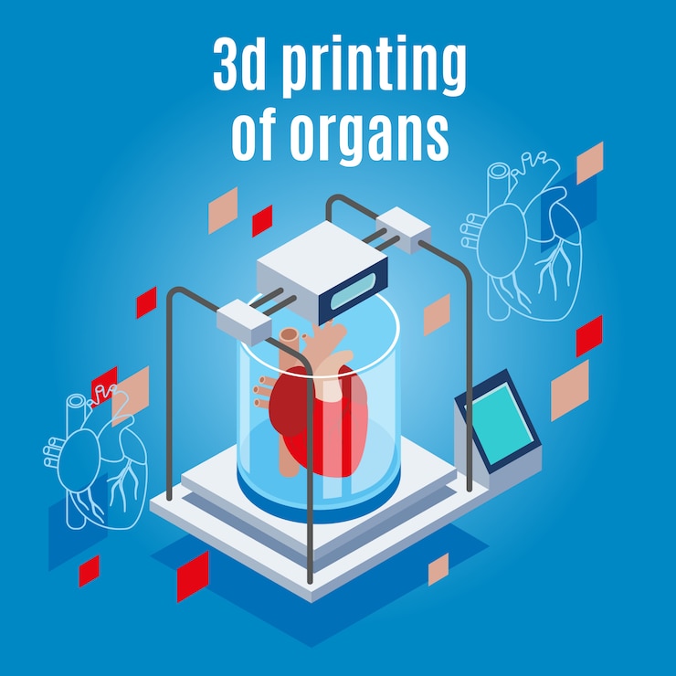Vector Gratis medicine of the future isometric background composition with realistic 3d printer and human heart