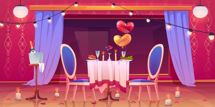 Vector Gratis meja restoran disiapkan untuk makan malam kencan romantis untuk hari valentine