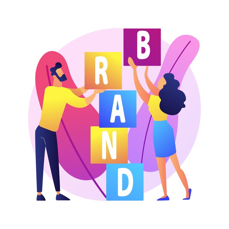 Vector Gratis membangun merek produk. desain identitas perusahaan. karakter datar desainer studio kerja tim, kerja sama, dan kolaborasi. nama perusahaan.