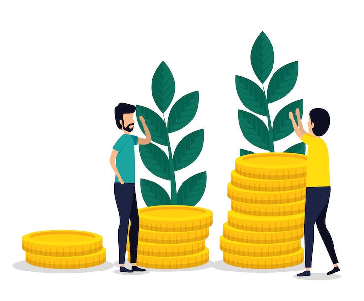 Vector Gratis men teamwork with coins and plants