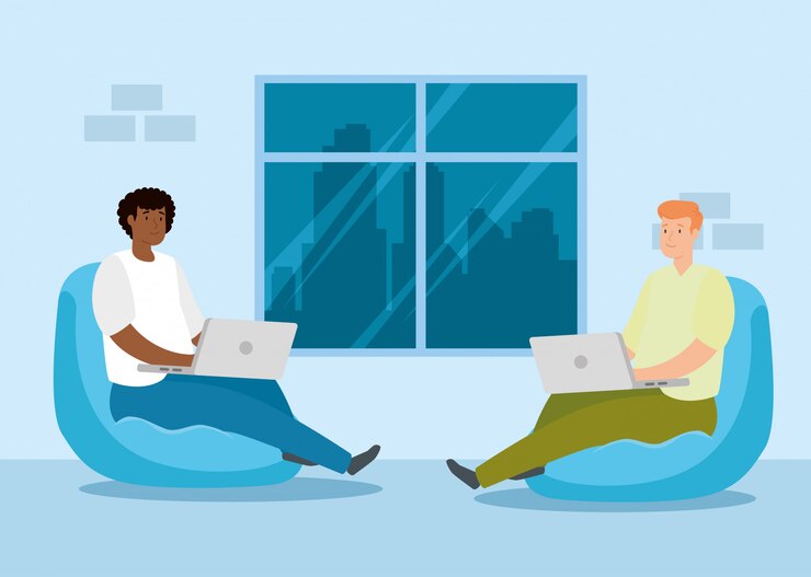 Vector Gratis men working at home with laptops sitting in pouf
