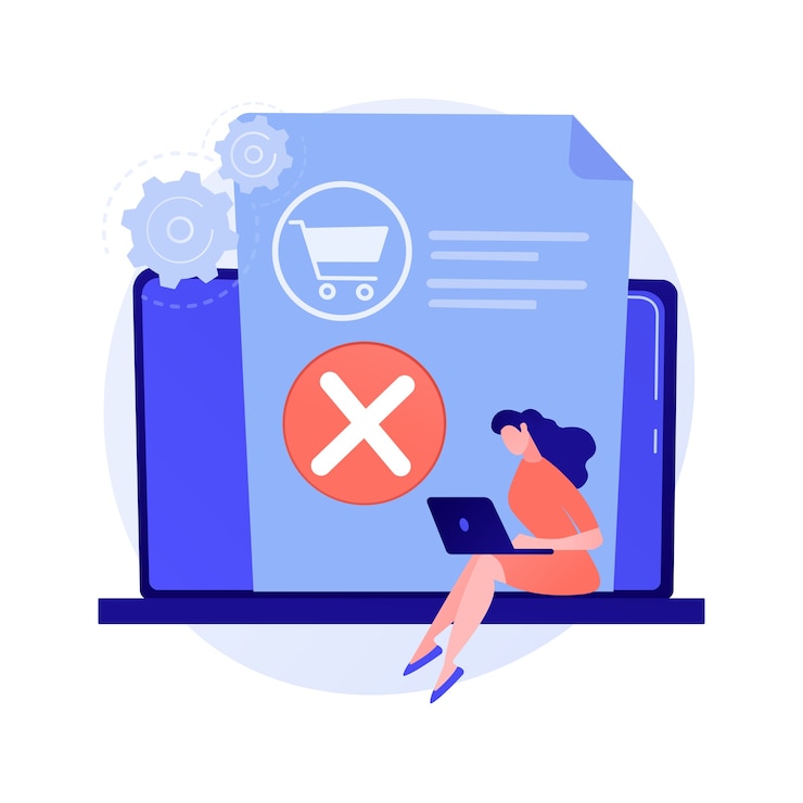 Vector Gratis menghapus barang dari keranjang, menolak untuk membeli, mengubah keputusan. penghapusan item, mengosongkan sampah. aplikasi belanja online, karakter kartun pengguna laptop.
