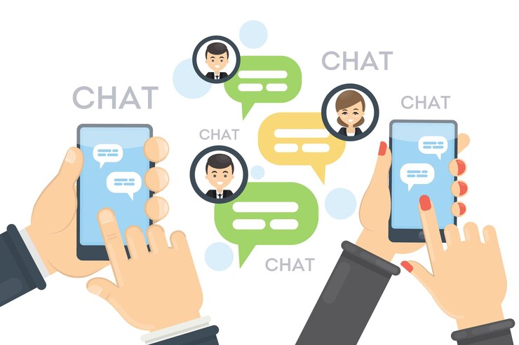 Vector Gratis mengobrol dengan smartphone. pria dan wanita dengan perangkat berkomunikasi online