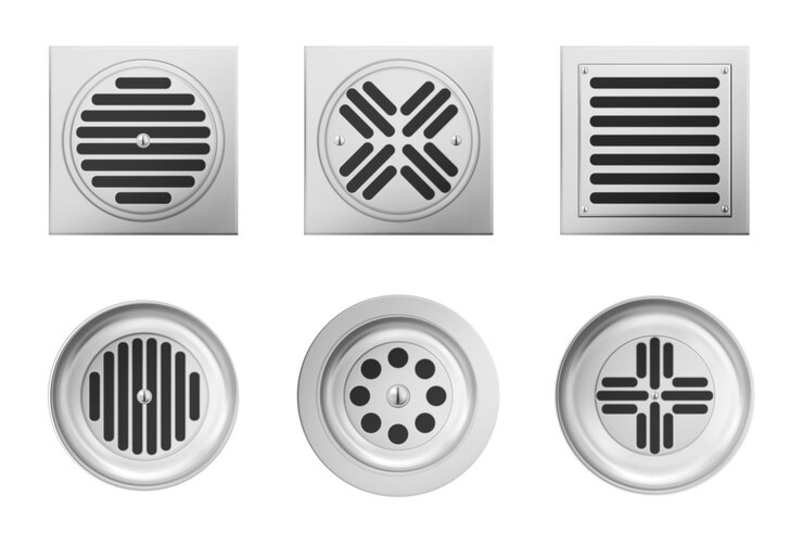 Vector Gratis metal drainage grates for shower or sink isolated on white background. realistic set of square and round drain manhole with steel grid on sewer in bathroom or shower floor