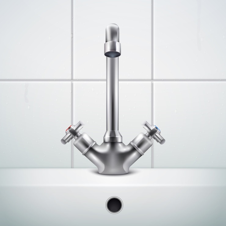 Vector Gratis metal faucet realistic composition with images of bathing room wall covered with white tiles and sink