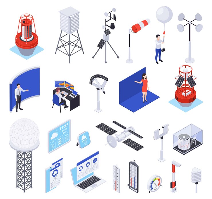 Vector Gratis meteorology weather forecast isometric set of isolated equipment icons with buoy radars satellites and weatherman characters vector illustration