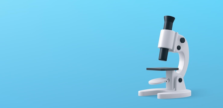 Vector Gratis microscope equipment for science or medical laboratory 3d optical instrument for chemistry and biology research education and medicine white microscope on blue background vector illustration