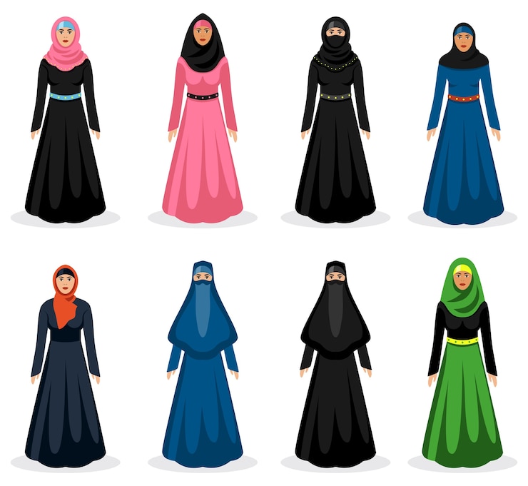 Vector Gratis middle eastern woman set. traditional arabic hijab, ethnicity girl clothing, vector illustration