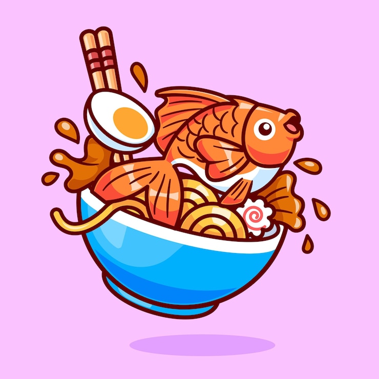 Vector Gratis mie ramen lucu dengan ilustrasi ikon vektor kartun ikan emas terisolasi datar