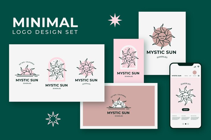 Minimalist and linear style sun logo and stationery