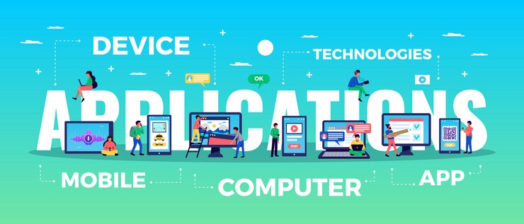 Vector Gratis mobile application tupography banner with mobile device symbols flat  illustration