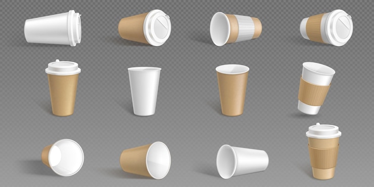 Vector Gratis mockup vektor cangkir kopi kertas putih terisolasi. mockup mug plastik sekali pakai kosong dengan tutup dan lengan. wadah kafe realistis untuk cappuccino atau latte dengan paket holder ramah lingkungan berwarna cokelat
