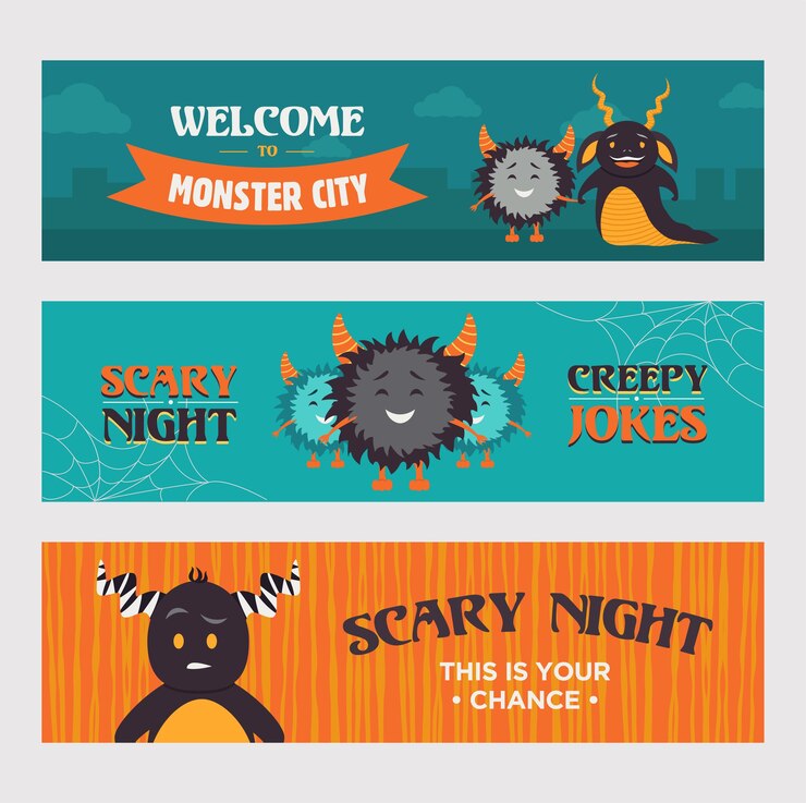Vector Gratis modern banner designs with furry monsters. welcome to monster city banners for party. halloween and holiday concept. template for promotional leaflet or brochure