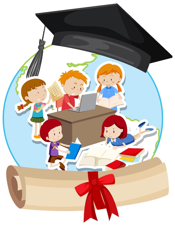 Vector Gratis mortarboard hat with students doing homework
