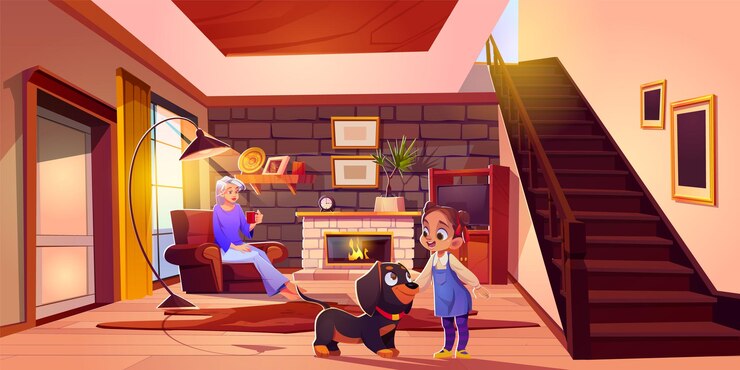 Vector Gratis mother daughter and dog in living room vector cartoon illustration of young woman sitting in armchair with cup little girl playing with pet fire burning in fireplace home atmopshere family time