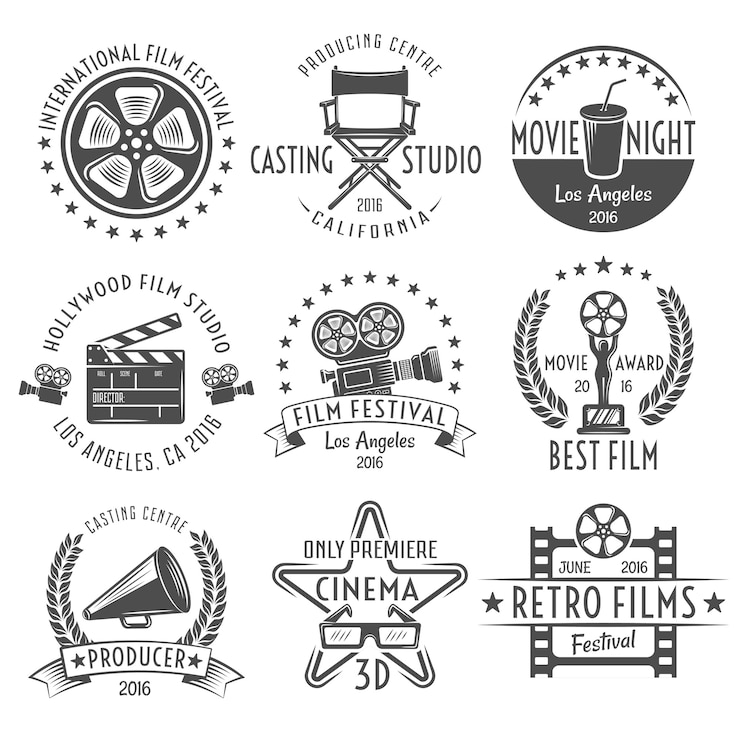 Vector Gratis movies black white emblems set