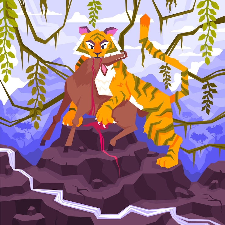 Vector Gratis mowgli coloring page flat composition with tropical scenery with mountain cliffs lianas and tiger eating antelope vector illustration