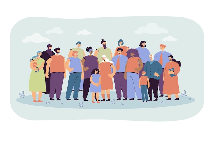 Vector Gratis multinational crowd of people standing together flat illustration. portrait of cartoon diverse young and old men, women and kids