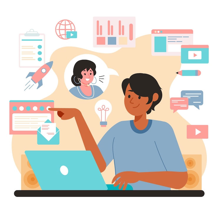 Vector Gratis multitasking concept man working on laptop