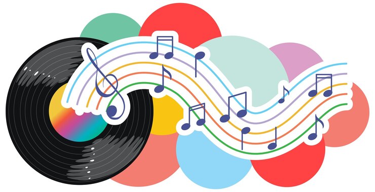 Vector Gratis music notes rainbow colourful with vinyl record on white backgro