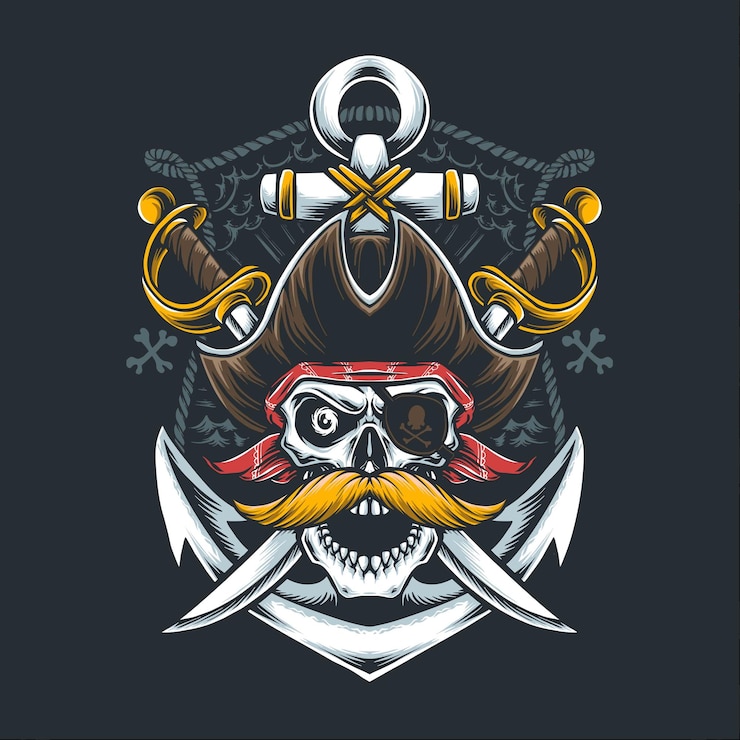 Vector Gratis mustache skull pirate with sword and anchor
