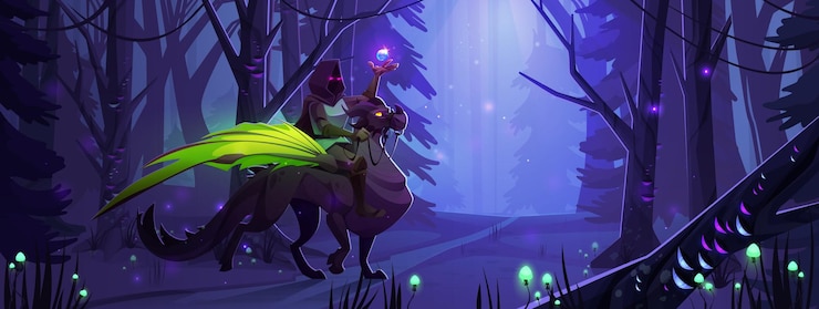 Vector Gratis mysterious knight riding griffin creature in night forest vector cartoon illustration of fairy tale warrior holding magic crystal ball in hand sitting on fantastic hippogriff monster spooky road