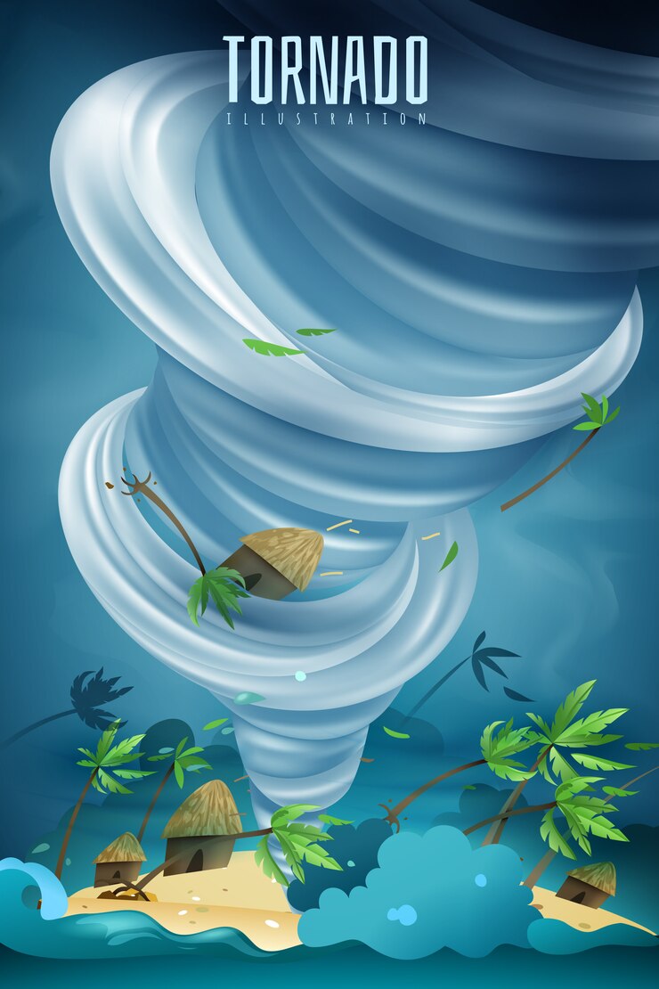 Vector Gratis natural disasters colorful composition with powerful rotating tornado twister vortex lifting bungalows palms in air 