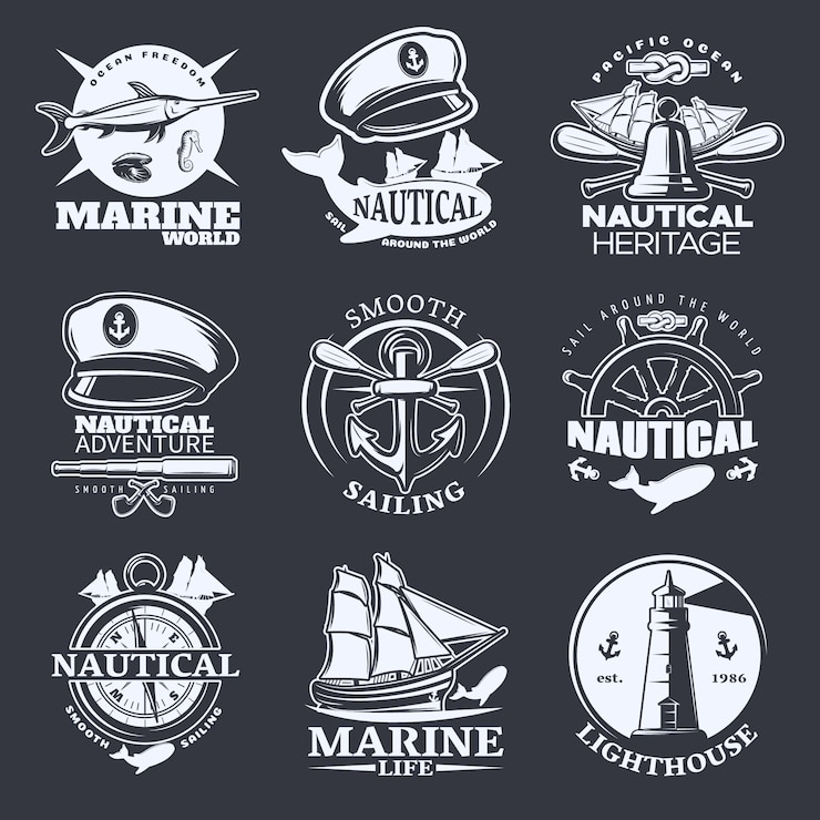 Vector Gratis nautical emblem set on black with marine world nautical sail around the world smooth sailing descriptions