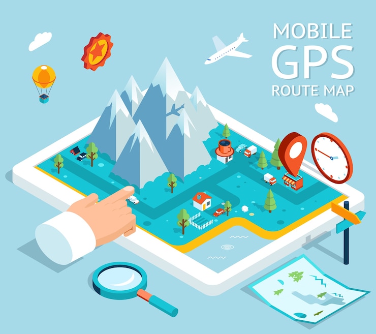 Vector Gratis navigator gps ponsel isometrik. peta datar dengan notasi dan penanda.