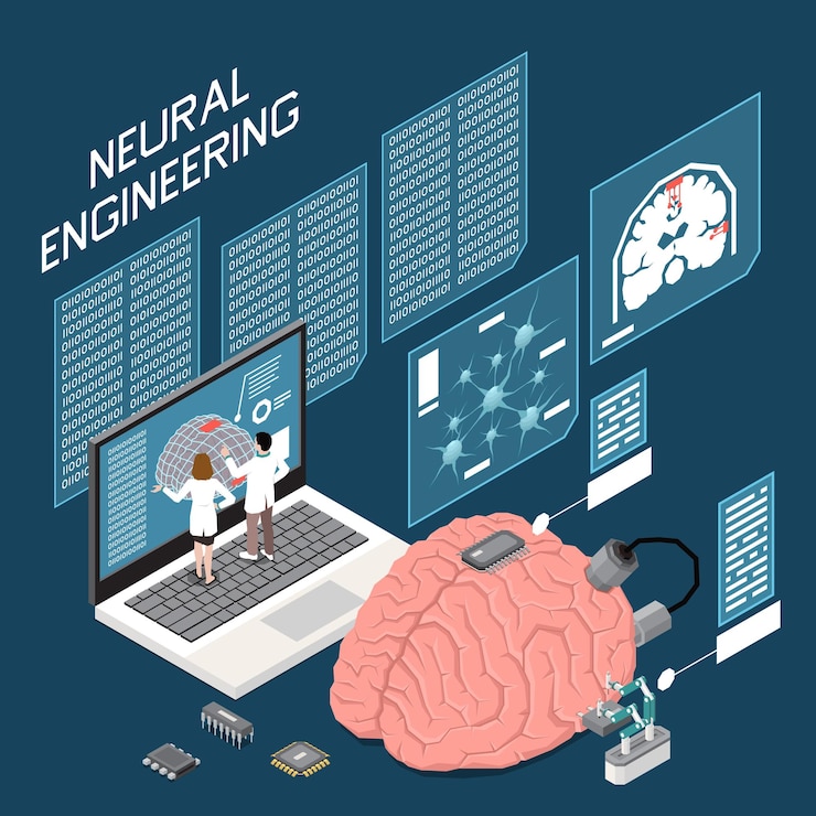Vector Gratis neuroscience neural engineering isometric composition with computer engineers at work and brain model 3d vector illustration
