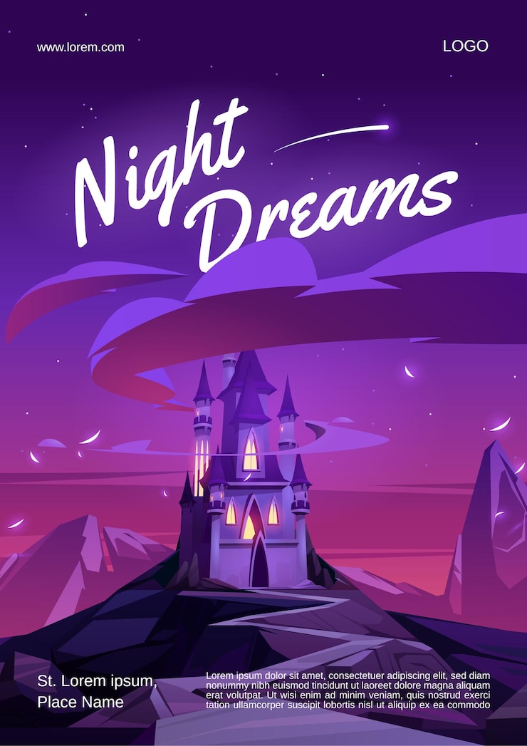 Vector Gratis night dreams poster with magic castle with glow windows on mountain top at nighttime