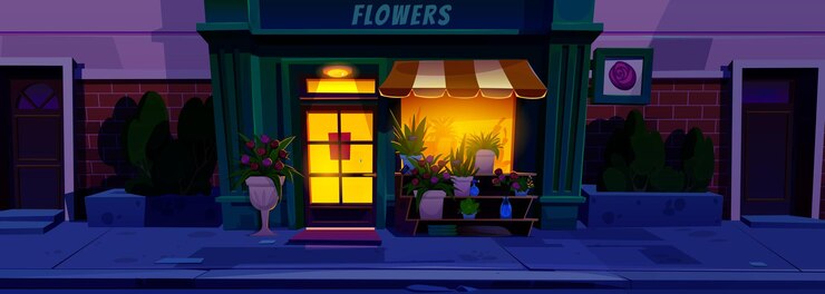 Vector Gratis night flower shop building exterior vector illustration city storefront facade with shine door and window in evening urban store salon with flowerpot outdoor and awning in town near road scene