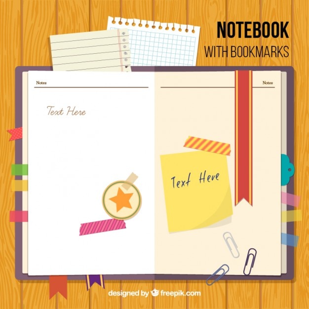 Vector Gratis notebook with bookmarks and accessories