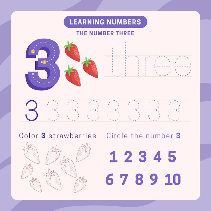 Vector Gratis number 3 worksheet with strawberries