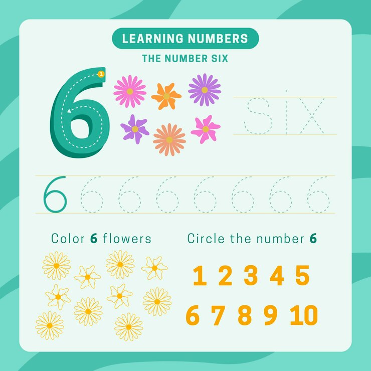 Vector Gratis number 6 worksheet with flowers